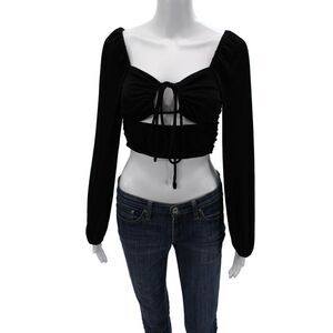 Gab kate Women Cropped Black Square Neck Long Sleeve Top Drawstring Size S